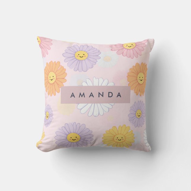 Personalized Cute Pastel Daisy Flower Throw Pillow (Front)