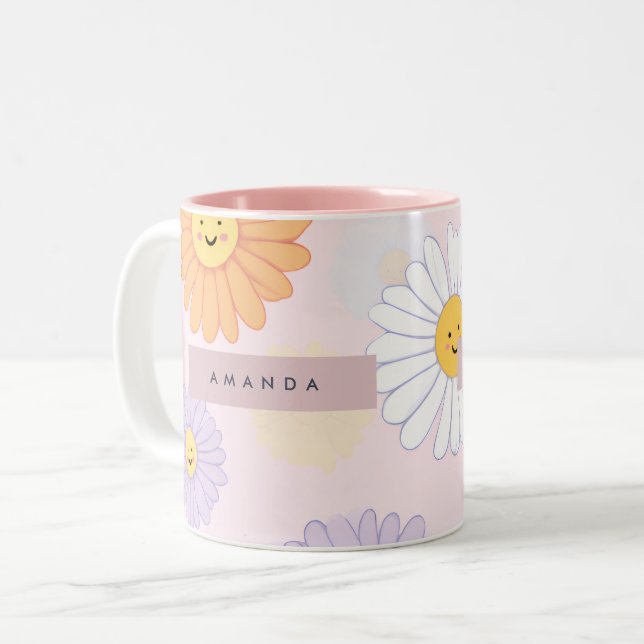 Personalized Cute Pastel Daisy Flower Two-Tone Coffee Mug (Front Left)
