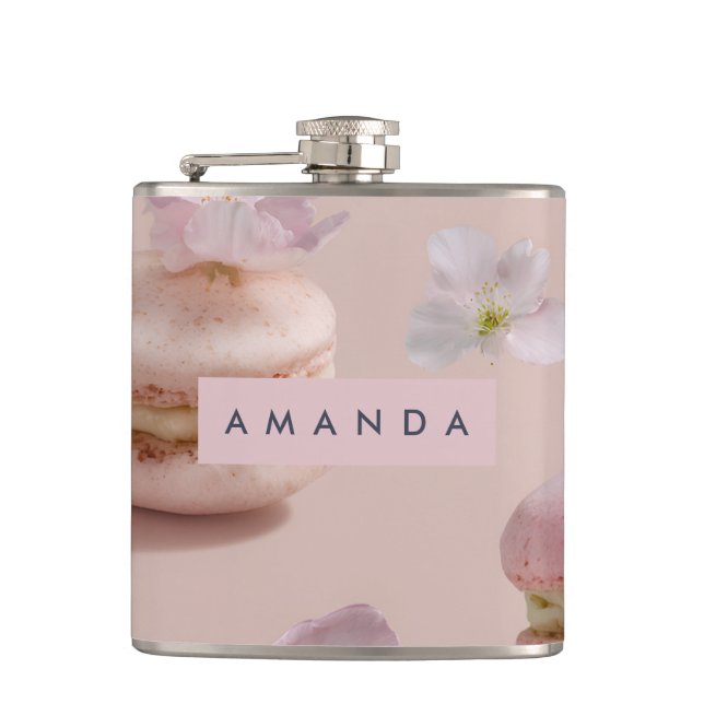 Personalized Cute Pastel Macaron Almond Flower Hip Flask (Front)