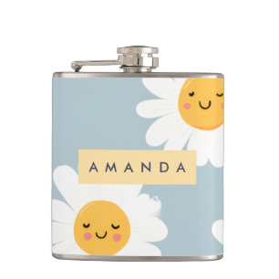 Personalized Cute Pastel Smiling Daisy Hip Flask