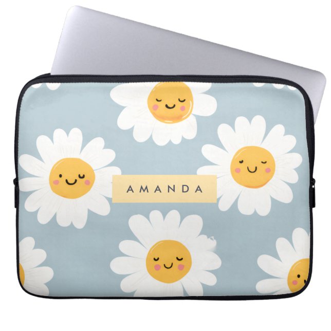 Personalized Cute Pastel Smiling Daisy Laptop Sleeve (Front)