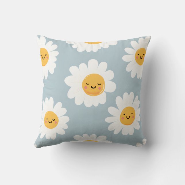 Personalized Cute Pastel Smiling Daisy Throw Pillow (Back)