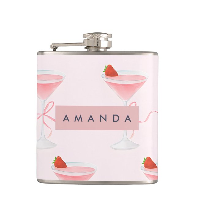 Personalized Cute Pastel Strawberry Juice Pattern Hip Flask (Front)