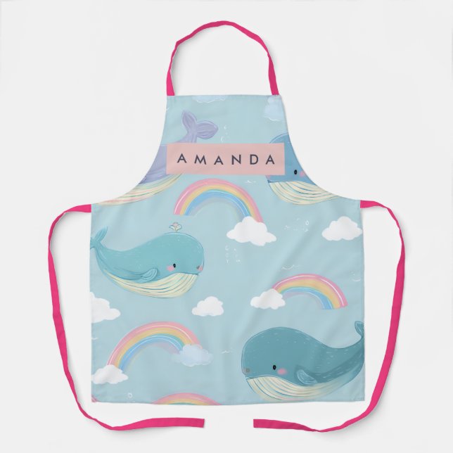 Personalized Cute Pastel Whale and Rainbow Pattern Apron (Front)