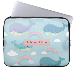 Personalized Cute Pastel Whale and Rainbow Pattern Laptop Sleeve