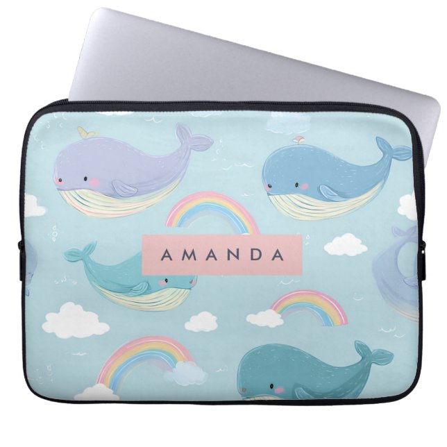 Personalized Cute Pastel Whale and Rainbow Pattern Laptop Sleeve (Front)