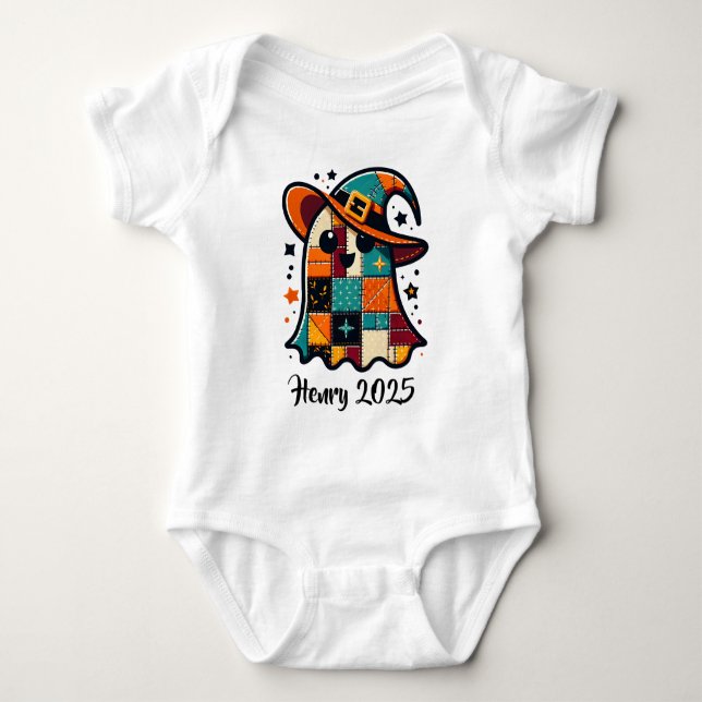 Personalized Cute Patchwork Ghost Halloween Baby Bodysuit (Front)