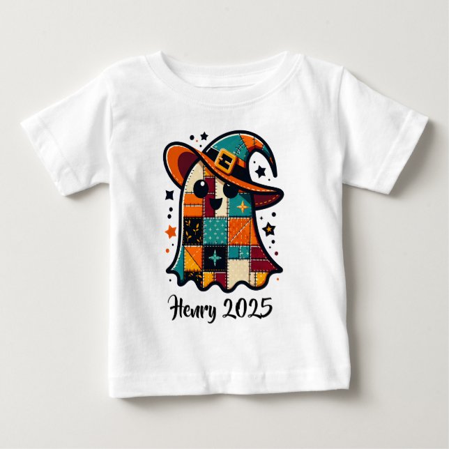 Personalized Cute Patchwork Ghost Halloween Baby T-Shirt (Front)