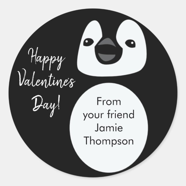Personalized Cute Penguin Friend Kid's Valentine's Classic Round Sticker (Front)