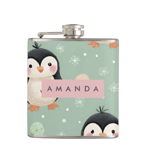Personalized Cute Penguin & Ice Cream Pattern Hip Flask