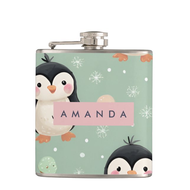 Personalized Cute Penguin & Ice Cream Pattern Hip Flask (Front)