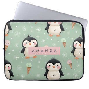Personalized Cute Penguin & Ice Cream Pattern Laptop Sleeve