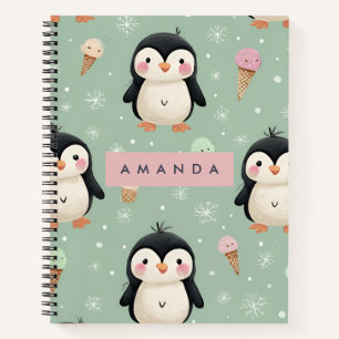 Personalized Cute Penguin & Ice Cream Pattern Notebook