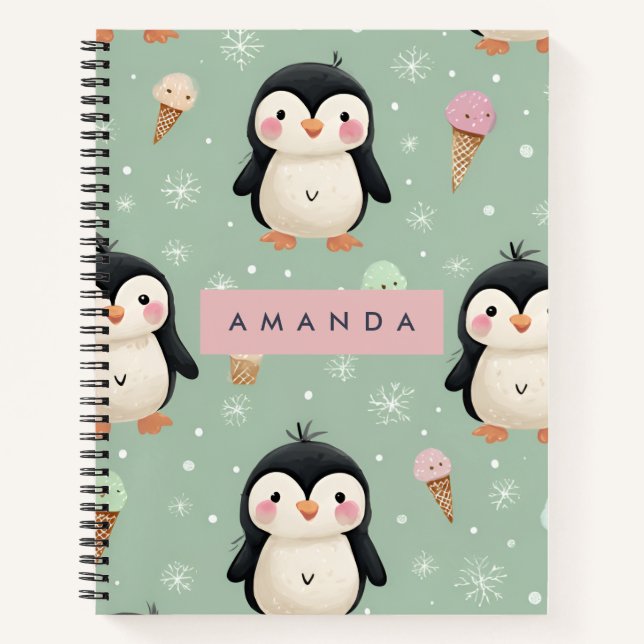 Personalized Cute Penguin & Ice Cream Pattern Notebook (Front)
