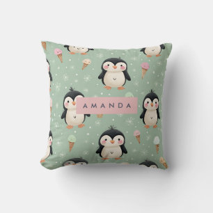 Personalized Cute Penguin & Ice Cream Pattern Throw Pillow