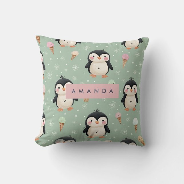 Personalized Cute Penguin & Ice Cream Pattern Throw Pillow (Front)