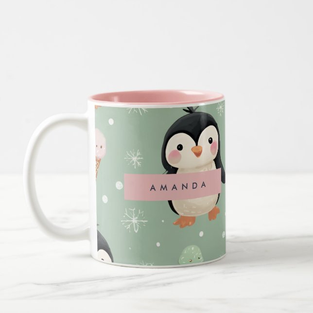 Personalized Cute Penguin & Ice Cream Pattern Two-Tone Coffee Mug (Left)