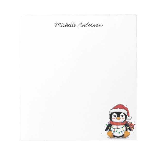 Personalized Cute Penguin in Santa Hat Christmas  Notepad (Front)
