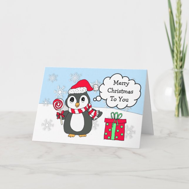 Personalized Cute Penguin on Winter Day Christmas Card (Front)