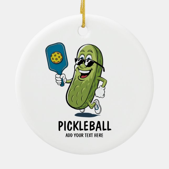 Personalized Cute Pickle Playing Pickleball Funny Ceramic Ornament (Back)