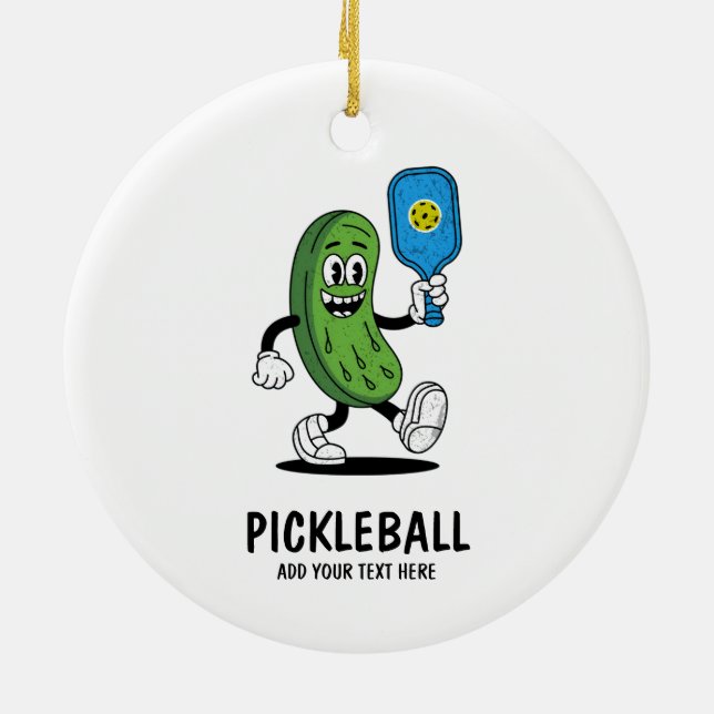 Personalized Cute Pickle Playing Pickleball Funny Ceramic Ornament (Back)