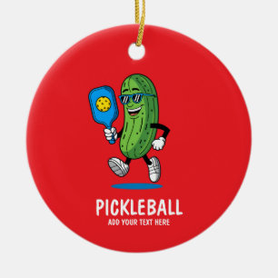 Personalized Cute Pickle Playing Pickleball Funny Ceramic Ornament