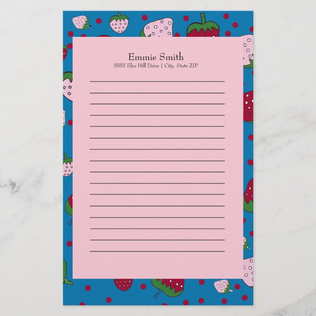 Personalized Cute Pink Blue Red Strawberry Stationery (Front)