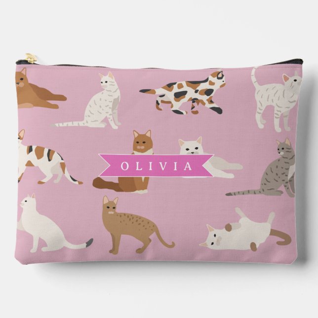 Personalized Cute Pink Cat Pattern Gift Cat Lover Accessory Pouch (Front)