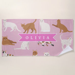 Personalized Cute Pink Cat Pattern Gift Cat Lover Beach Towel