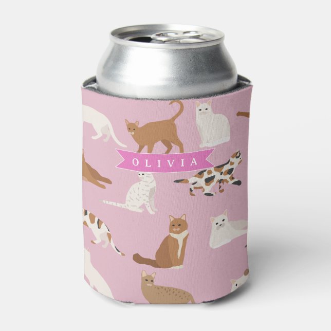 Personalized Cute Pink Cat Pattern Gift Cat Lover Can Cooler (Can Front)