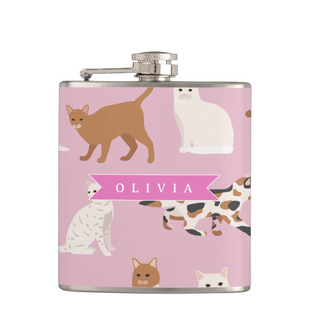 Personalized Cute Pink Cat Pattern Gift Cat Lover Hip Flask (Front)