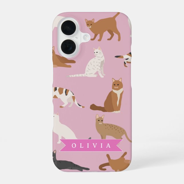 Personalized Cute Pink Cat Pattern Gift Cat Lover iPhone 16 Case (Back)