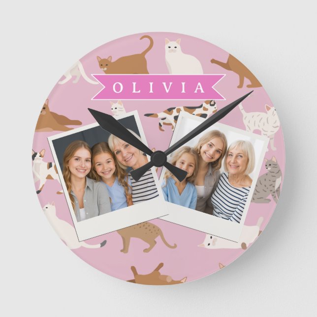 Personalized Cute Pink Cat Pattern Gift Cat Lover Round Clock (Front)