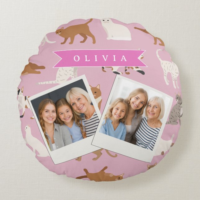 Personalized Cute Pink Cat Pattern Gift Cat Lover Round Pillow (Front)