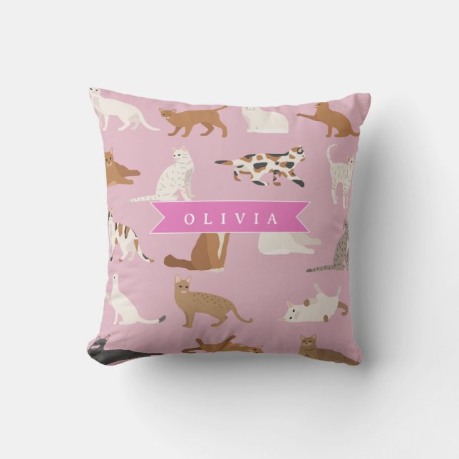 Personalized Cute Pink Cat Pattern Gift Cat Lover Throw Pillow (Front)