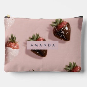 Personalized Cute Pink Chocolate-dipped Strawberry Accessory Pouch
