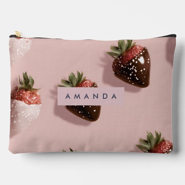 Personalized Cute Pink Chocolate-dipped Strawberry Accessory Pouch (Front)
