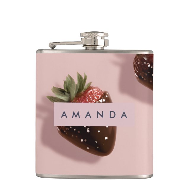 Personalized Cute Pink Chocolate-dipped Strawberry Hip Flask (Front)