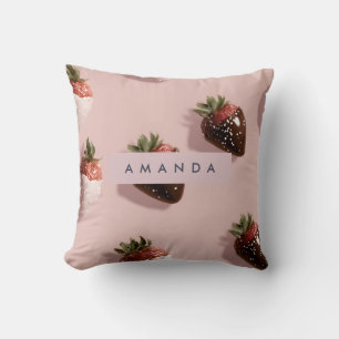 Personalized Cute Pink Chocolate-dipped Strawberry Throw Pillow
