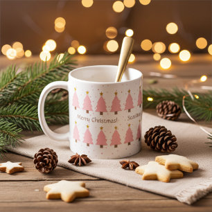 Personalized Cute Pink Christmas Trees, Gold Stars Coffee Mug