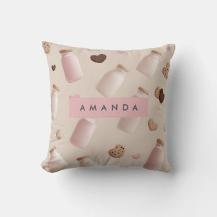 Personalized Cute Pink Cookie and Strawberry Milk Throw Pillow
