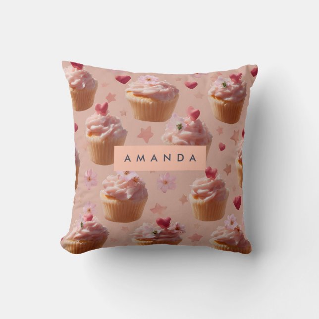 Personalized Cute Pink Cupcake Pattern Throw Pillow (Front)