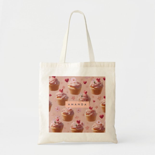 Personalized Cute Pink Cupcake Pattern Tote Bag (Front)