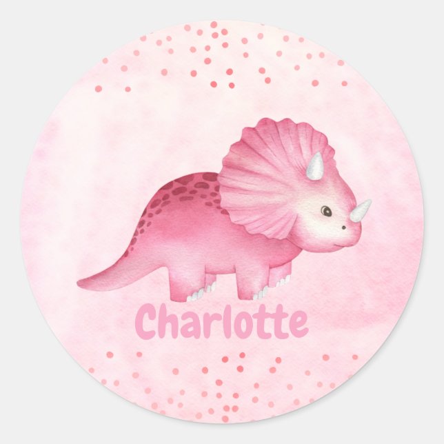 Personalized Cute Pink Dinosaur   Classic Round Sticker (Front)