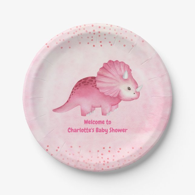 Personalized Cute Pink Dinosaur   Paper Plate (Front)