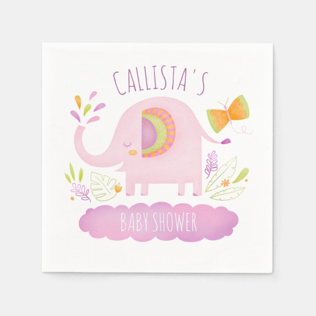 Personalized Cute Pink Elephant Baby Shower Napkin (Front)
