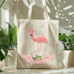 Personalized Cute Pink Flamingo  Tote Bag<br><div class="desc">This cute tote bag features an illustration of a pink flamingo with neck curved and one leg raised,  over a pink banner decorated with tropical foliage. Personalize it to create a one-of-a-kind gift to a girl who loves flamingos--or as a bridesmaid gift bag for a tropical themed wedding!</div>