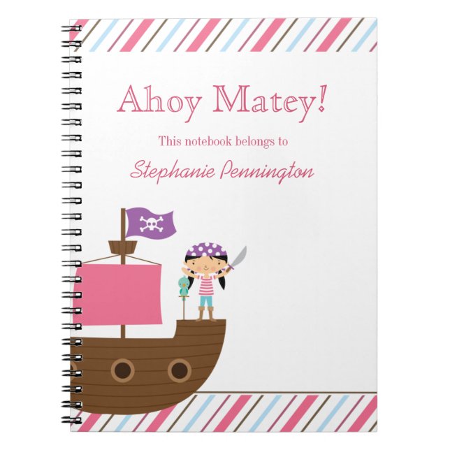 Personalized cute pink girl's pirate notebook (Front)