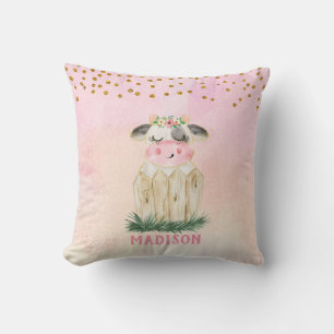 Personalized Cute Pink Gold Cow Throw Pillow