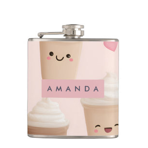 Personalized Cute Pink Kawaii Coffee Cup Hip Flask